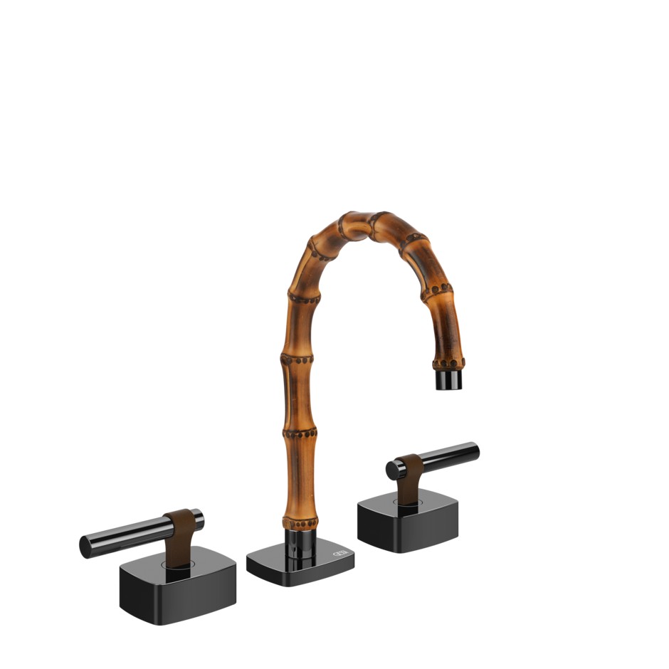 Смеситель для раковины Gessi Jacqueline 77011 с низким изливом и металлическим Г-образным вентилем на 3 отверстия ФОТО