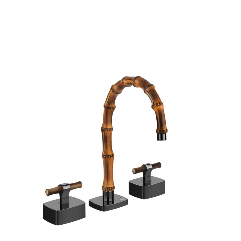 Смеситель для раковины Gessi Jacqueline 77213 с низким изливом и Т-образным вентилем под дерево на 3 отверстия ФОТО