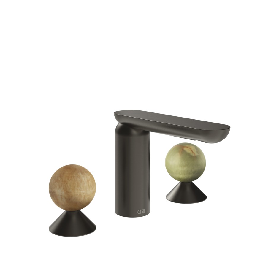 Изображение Смеситель для раковины Gessi Perle 74355 без донного клапана с вентилями-сферами из камня Onyx Cola и Onyx Green