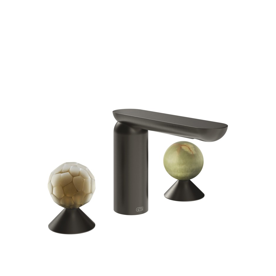 Изображение Смеситель для раковины Gessi Perle 74455 без донного клапана с вентилями-сферами из муранского стекла Battuto и камня Onyx Green