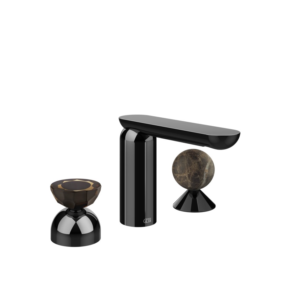 Смеситель для раковины Gessi Perle 74818 без донного клапана с вентилем-полусферой из муранского стекла Battuto и вентилем-сферой из мрамора Emperador Dark ФОТО