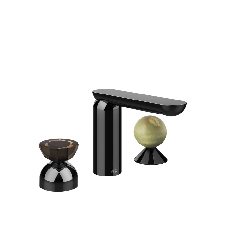 Смеситель для раковины Gessi Perle 74858 без донного клапана с вентилем-полусферой из муранского стекла Battuto и вентилем-сферой из камня Onyx Green ФОТО