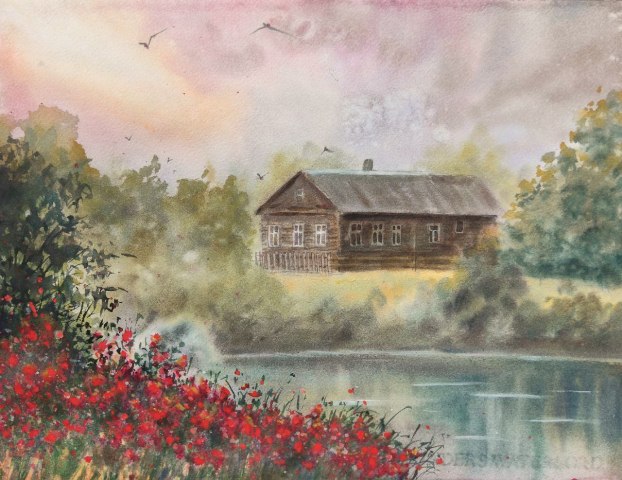 Акварель "Домик у реки"