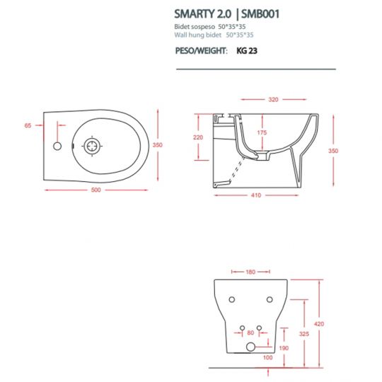 Биде подвесное Artceram Smarty 2.0 SMB001 без крепежа схема 2