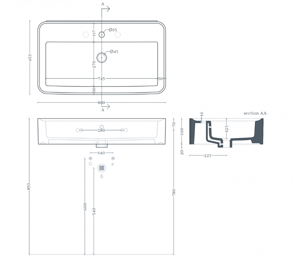 Прямоугольная раковина Artceram Rodolfo ROL001 80x45 см ФОТО