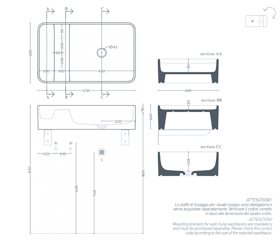 Прямоугольная раковина Artceram Brooklyn BNL003 65x40 см ФОТО