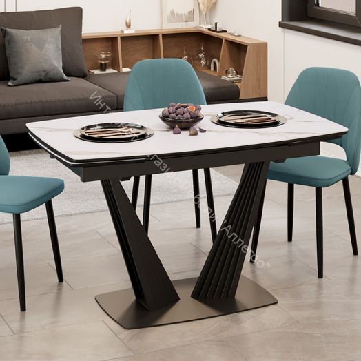 Стол раздвижной «Трэвис» Тип 1 Черный муар, Керамика матовая белый мрамор