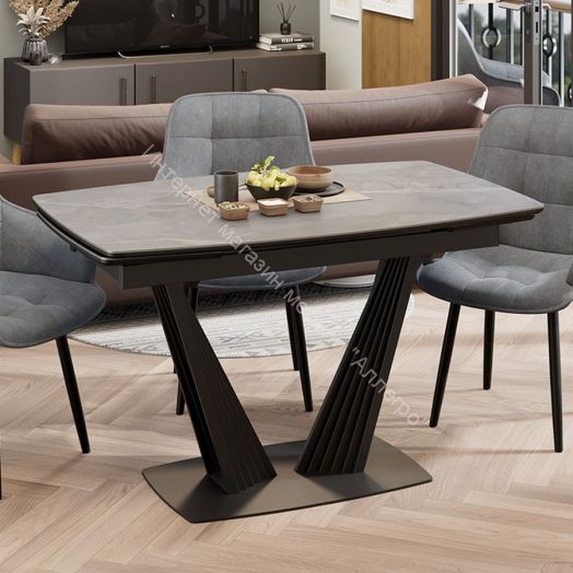 Стол раздвижной «Трэвис» Тип 1 Черный муар, Керамика матовая серый мрамор