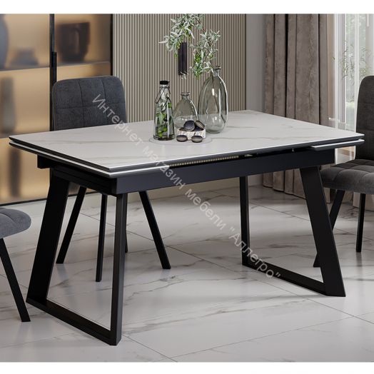 Стол обеденный раздвижной «Стоун» Тип 1 Черный муар, Керамика матовая белый мрамор