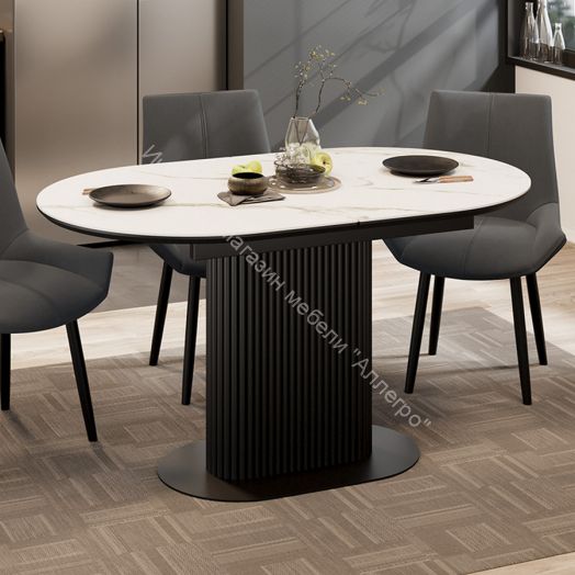 Стол обеденный раздвижной «Эридан» Тип 2 Черный муар, Керамика матовая белый мрамор