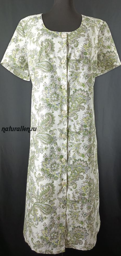 Платье домашнее  бело-зеленое  (полулён)