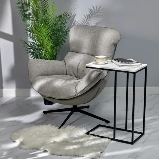 Придиванный столик Loft 50x30см, белый мрамор, чёрные ножки