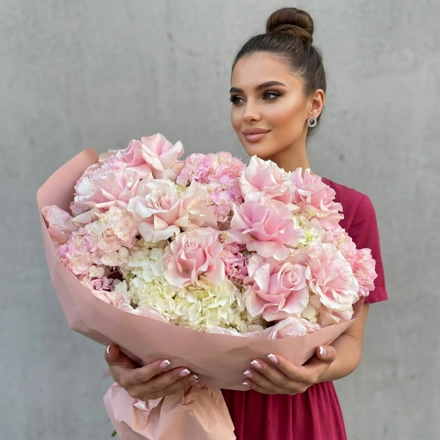 Большой букет из гортензий и французских роз