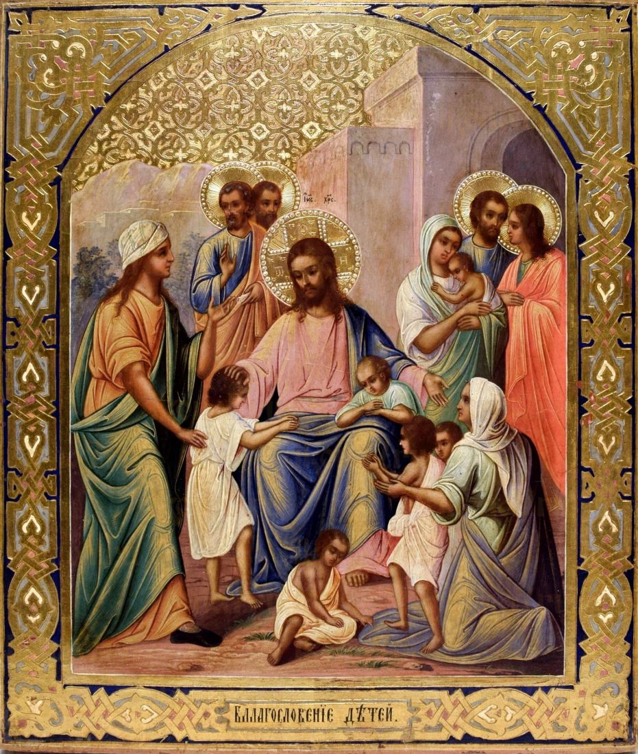 Рукописная икона Иисус Христос и дети на липовой доске (22409)