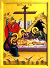 Рукописная икона Положение во гроб на липовой доске (22436)