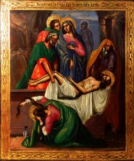 Рукописная икона Положение во гроб на липовой доске (22446)