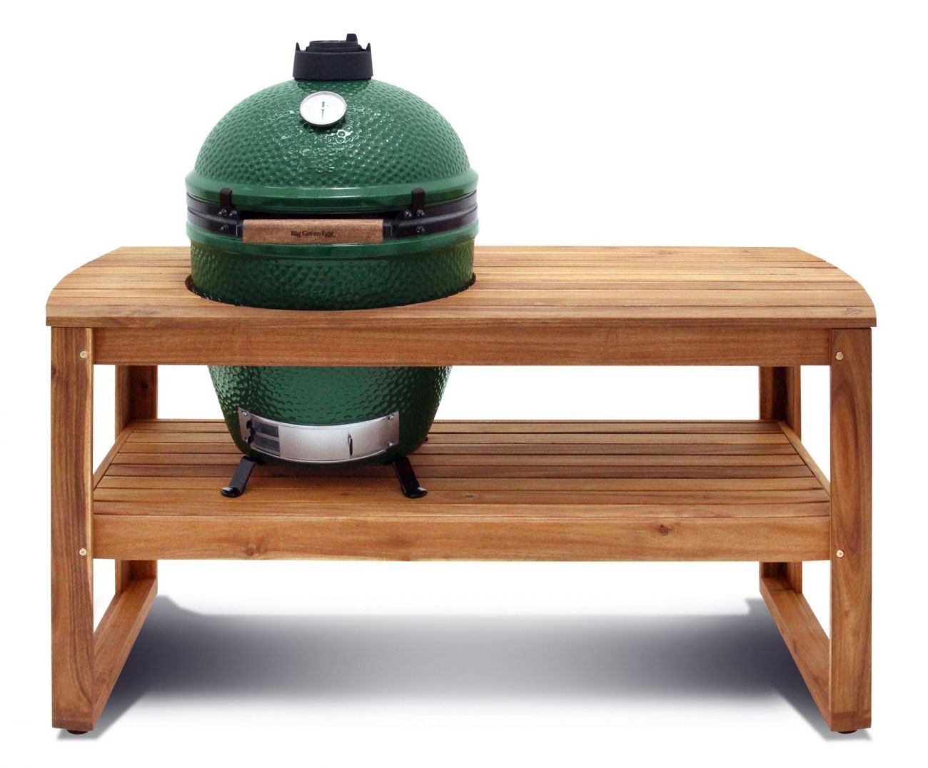 Керамический гриль Big Green Egg L Large (Большой), 46 см на столе из акации