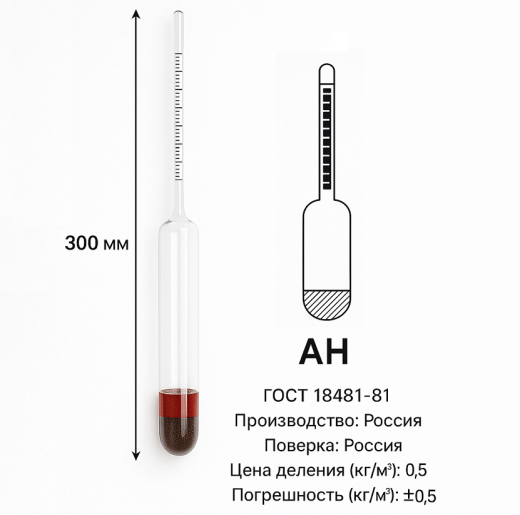 Ареометр для нефти и нефтепродуктов АН (740...770) кг/м³, (ГОСТ 18481-81)