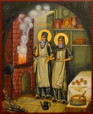 Спиридон и Никодим Печерские икона рукописная на липовой доске (24202)