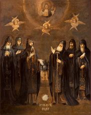 Собор преподобных отцов Псково-Печерских икона рукописная на липовой доске (24254)