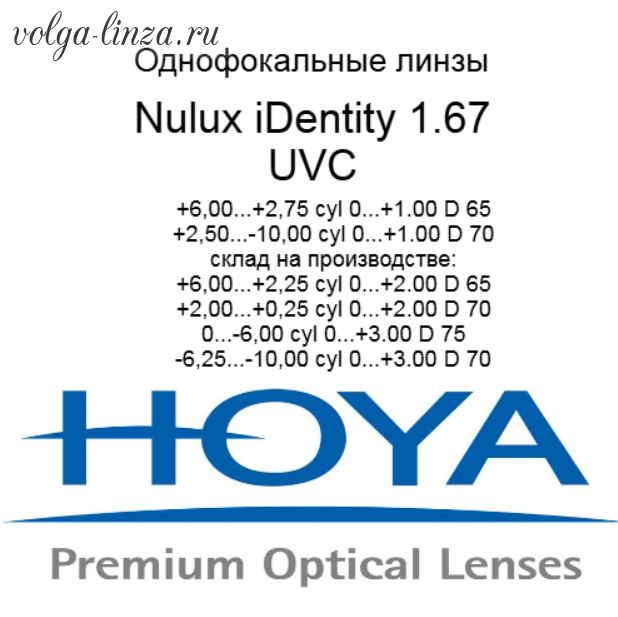 HOYA Nulux IDentity  STRX 1,67 HVLL UV Control  линзы по технологии Freeform