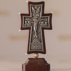 Крест на подставке с жемчугом Царь Слава образ Иисуса Христа Спасителя (14*6см)(на самоклеющейся ленте)