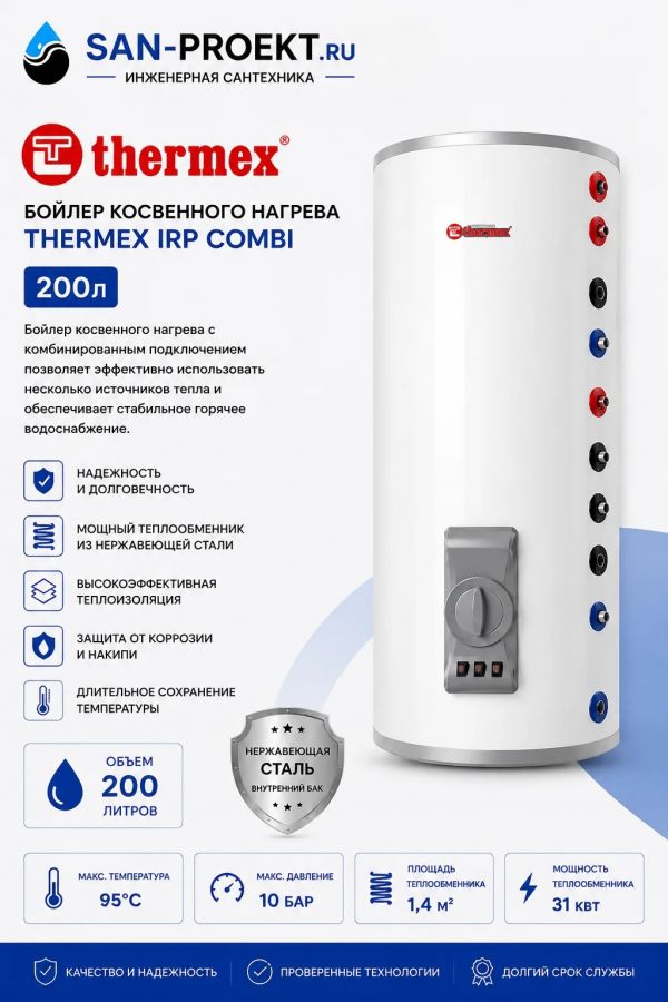 Бойлер косвенного нагрева Thermex IRP 200 V (combi)