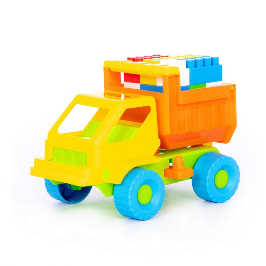 Набор №16: "Кузя", автомобиль-самосвал + конструктор "Строитель" (18 элементов)