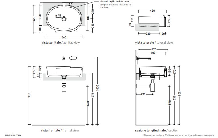 Раковина Flaminia Roll 56 Semi-Inset Basin 56х42 схема 2