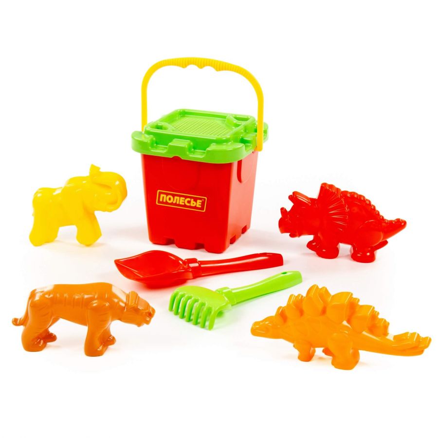 Набор №287: ведро-крепость большое, ситечко-крепость большое, лопатка №5, грабельки №5, формочки (тигр + мамонт + динозавр №1 + динозавр №2)