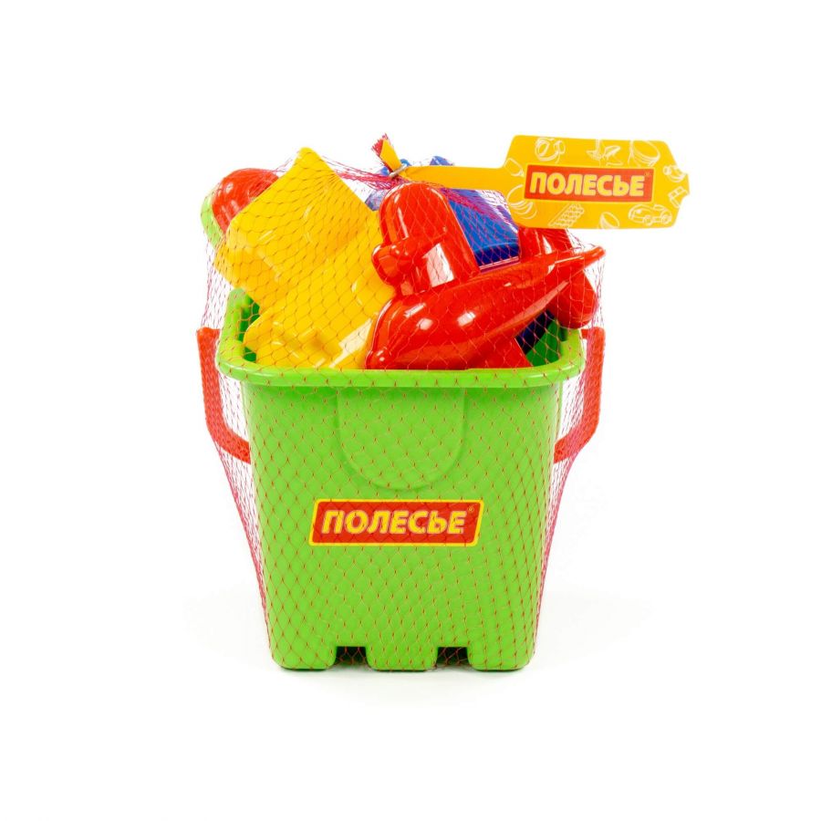 Набор №300: ведро-крепость большое, совок №8, грабельки №8, формочки (самолёт + замок башня + замок стена с одной башней)