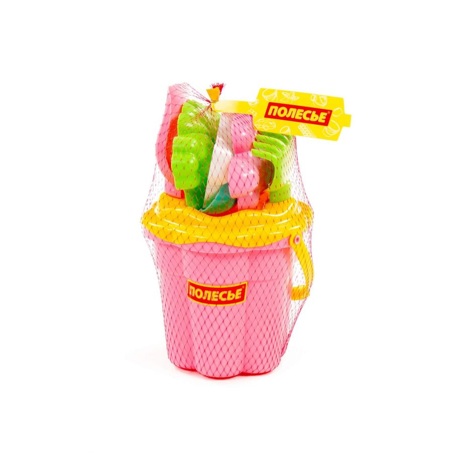 Набор №307: ведро-цветок среднее №3, ситечко-цветок среднее №3, лопатка №5, грабельки №5, формочки (краб №2 + морской конёк + ракушка №2 + черепаха)