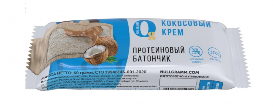 НОЛЬ ГРАММ Батончик протеиновый со вкусом Кокосовый крем 60г