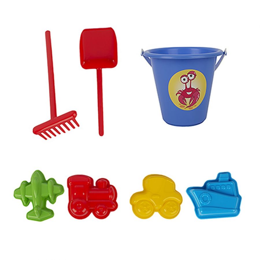 Песочный набор мультяшка «Едем? Едем!» (4 формочки для песка, совок, грабли, ведро детское)