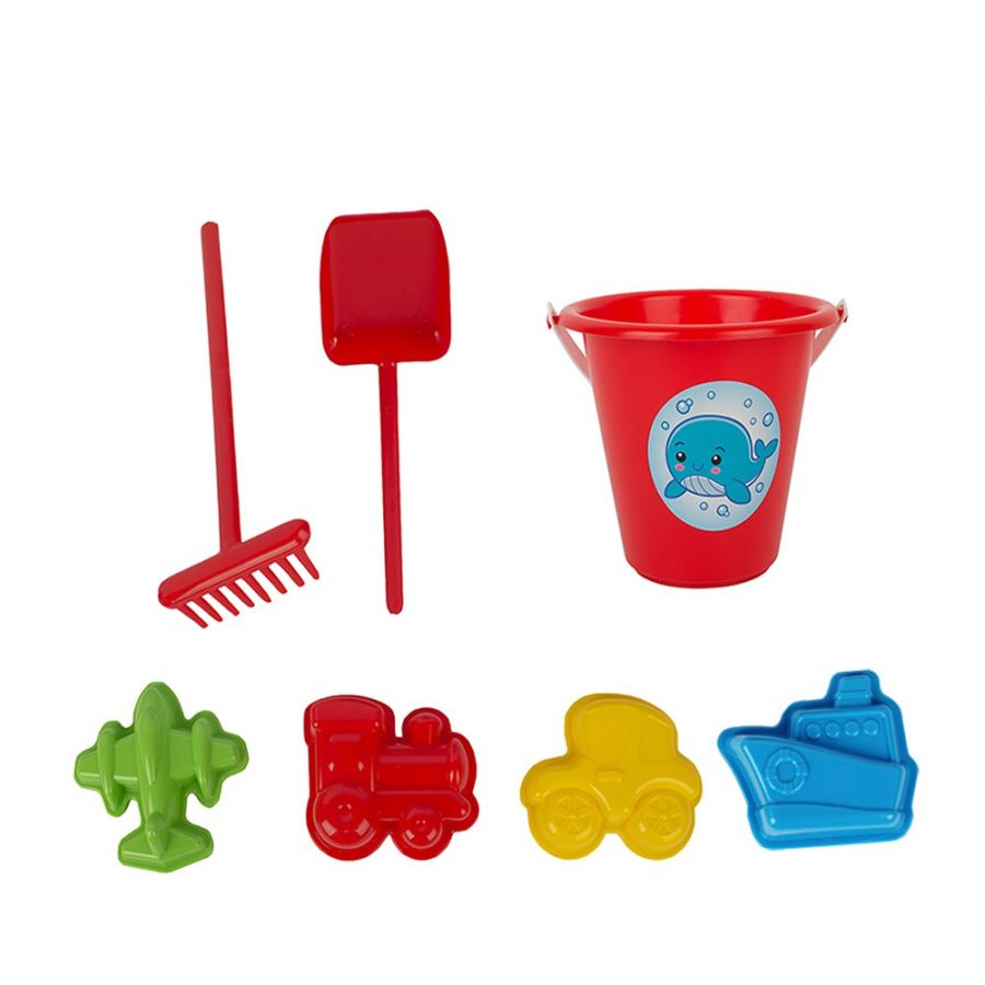 Песочный набор мультяшка «Едем? Едем!» (4 формочки для песка, совок, грабли, ведро детское)