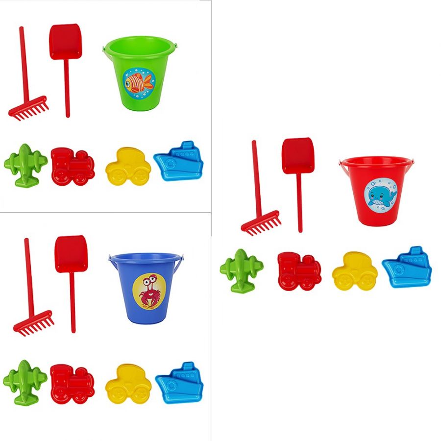 Песочный набор мультяшка «Едем? Едем!» (4 формочки для песка, совок, грабли, ведро детское)