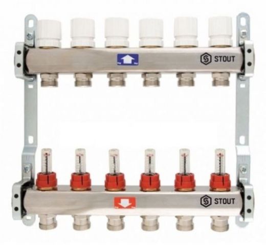 Stout 1" x 3/4" на 10 выходов коллектор с расходомерами из нерж. стали (SMS-0917-000010)