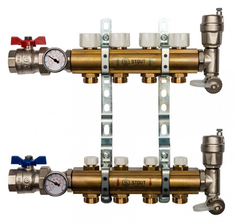 Stout 1"x3/4" на 4 выхода коллектор для радиаторного отопления из латуни (SMB-0468-000004)
