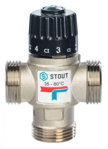 Stout термостатический смесительный клапан 1" НР 35-60°, kvs 2,5 бок.смешение (SVM-0120-256025)