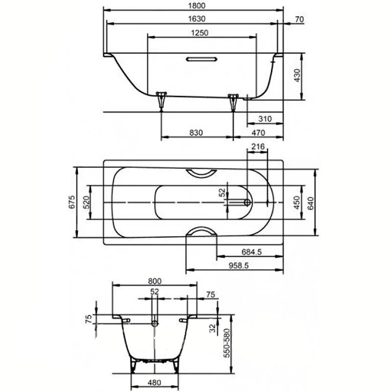 Стальная ванна Kaldewei Saniform Plus Star 337 180х80 133700010001 без покрытия с отверстиями под ручки схема 7