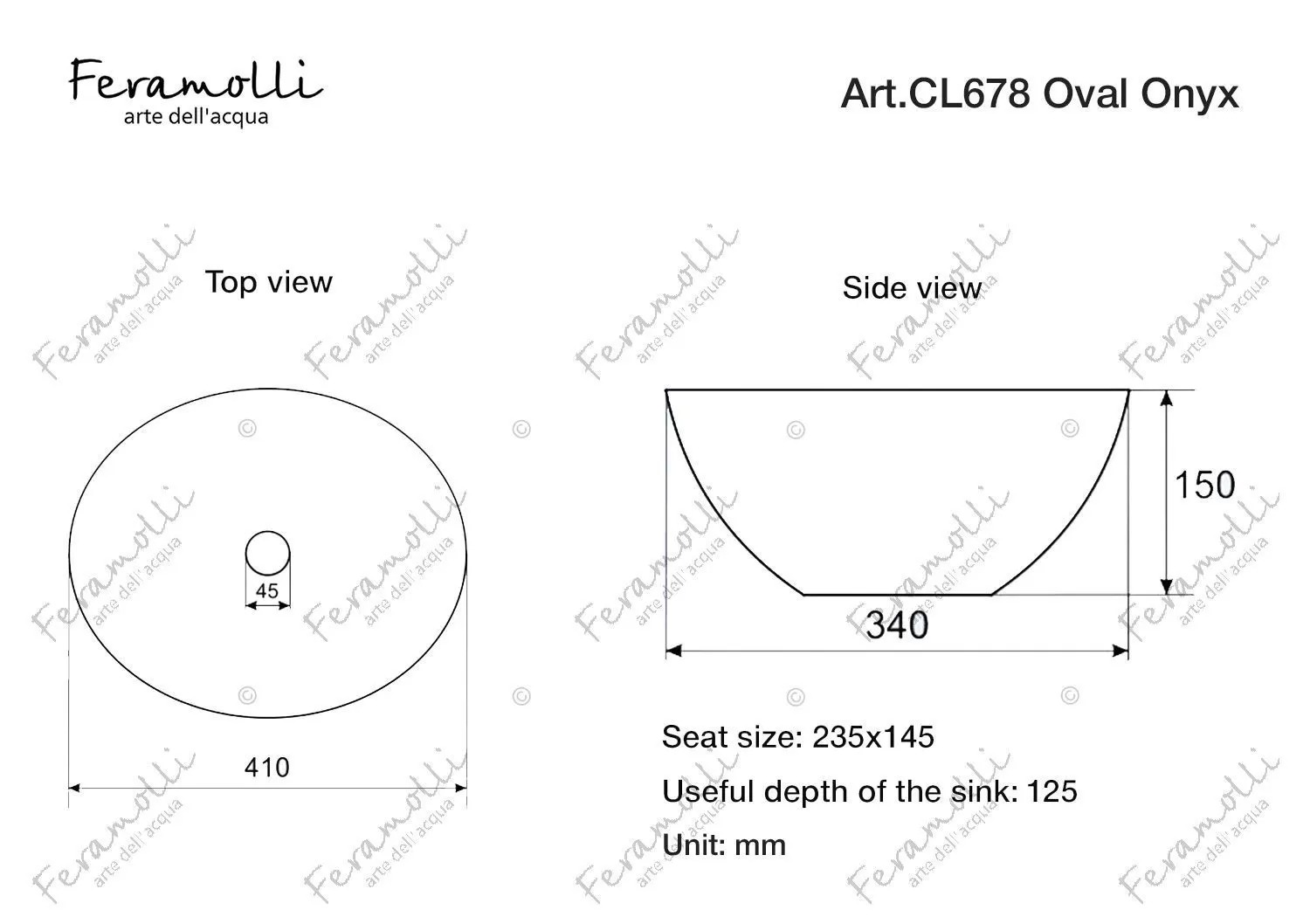 Раковина накладная Feramolli CL678 Oval Onyx, черный 41х34 схема 2