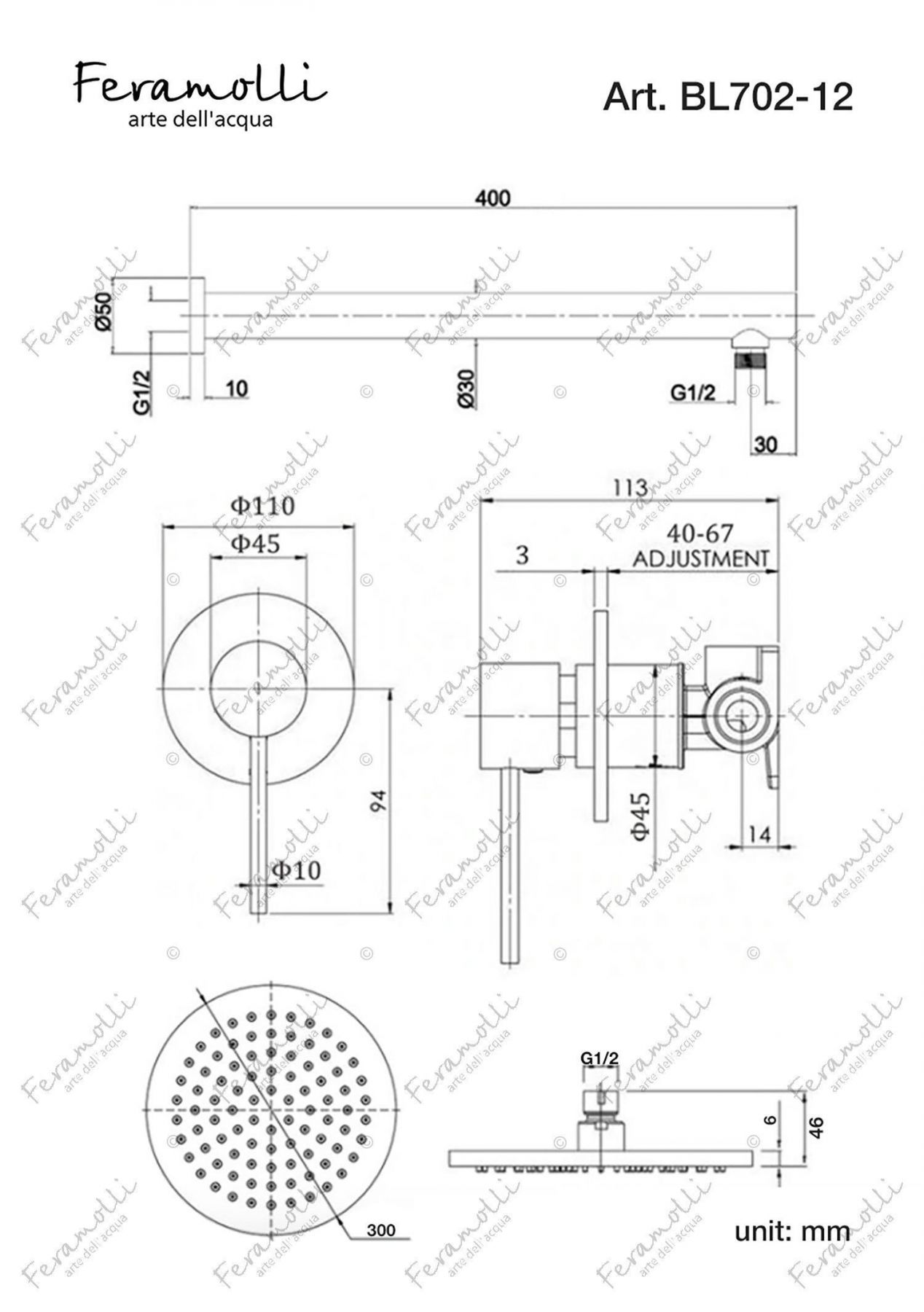 Душевая система Feramolli BL 702-12 (30см.), черный схема 2