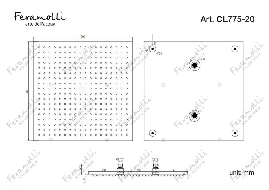 Верхний душ Feramolli CL775-20 (500мм.), хром ФОТО