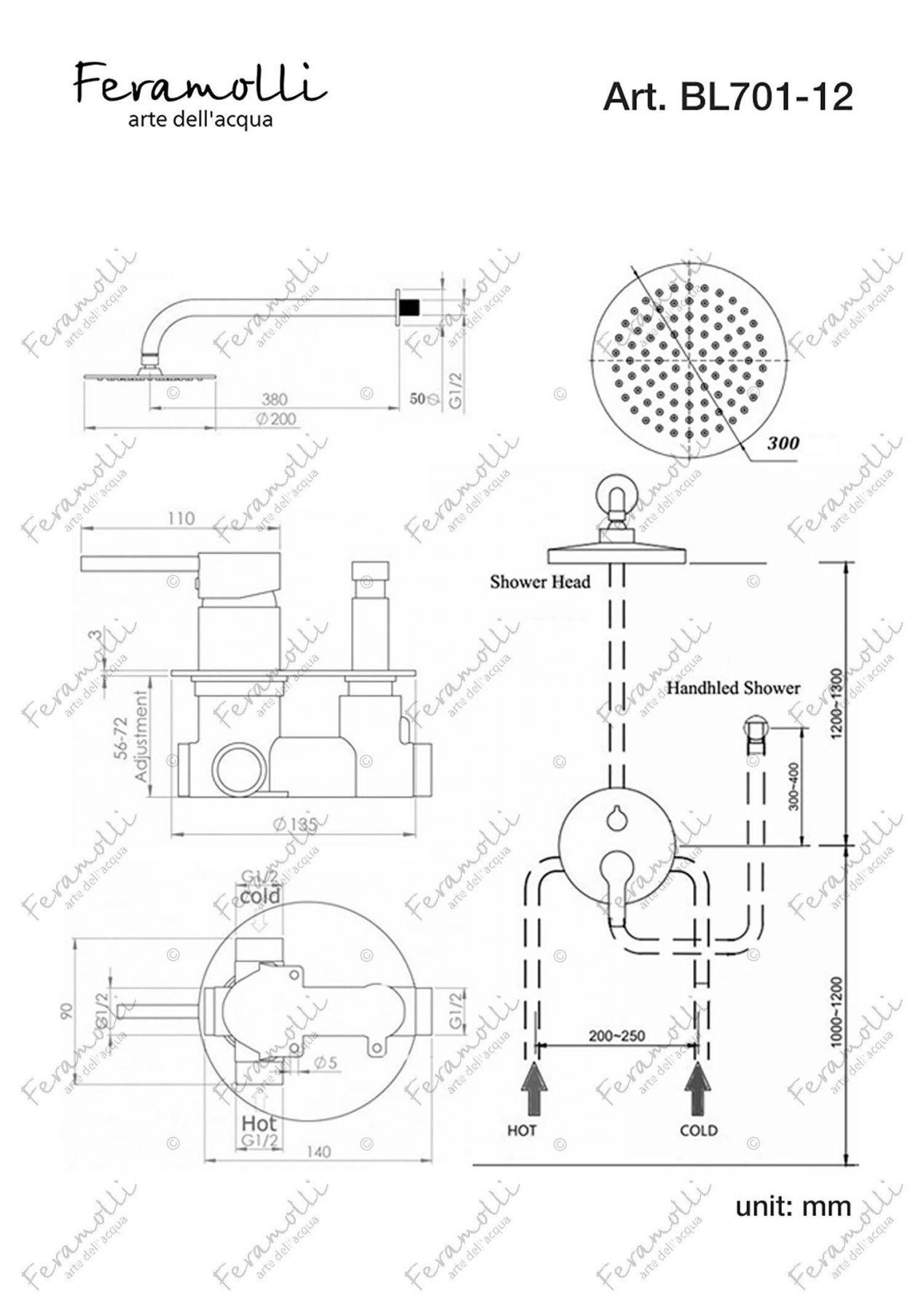 Душевая система Feramolli BL701-12 (30см.), черный схема 2