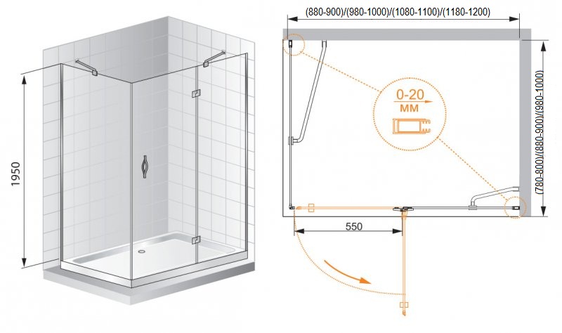 Душевой уголок CEZARES 120x80 BERGAMO-W-AH-1-120/80-C-Cr схема 3