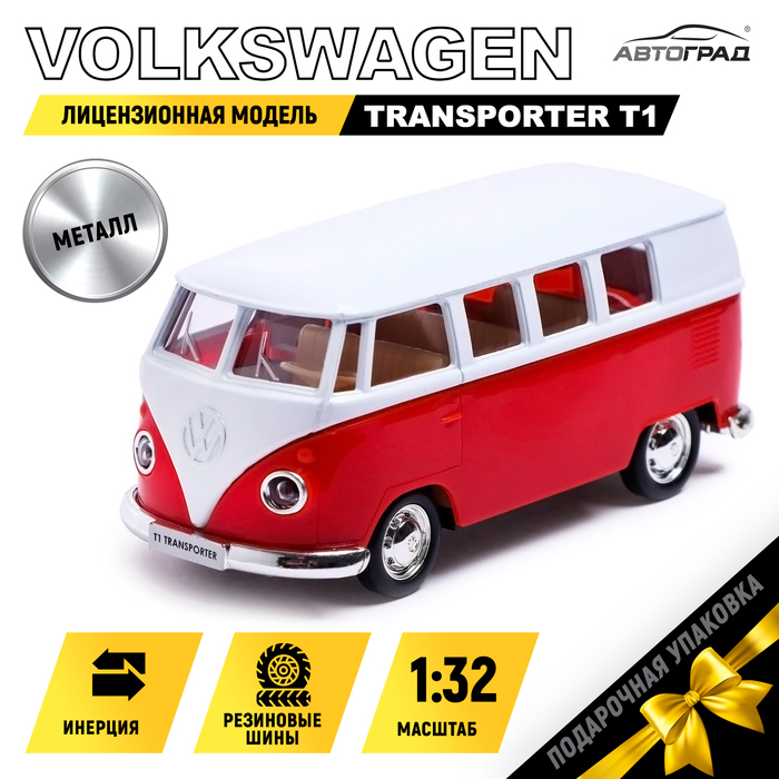 Машина металлическая VOLKSWAGEN TRANSPORTER T1, 1:32, открываются двери, инерция, цвет красный