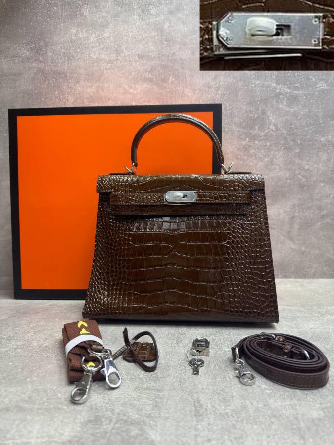 Сумка HERMES KELLY Crocodile 28 см серебро