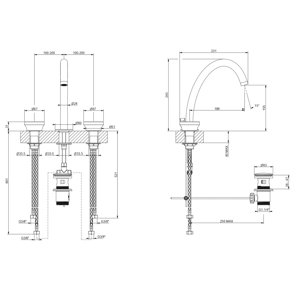 Высокий смеситель Gessi Origini 66013 схема 2