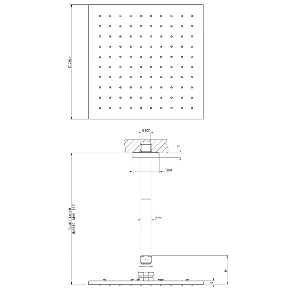 Тропический душ Gessi Minimalistic Shower высота под заказ 59159 схема 2