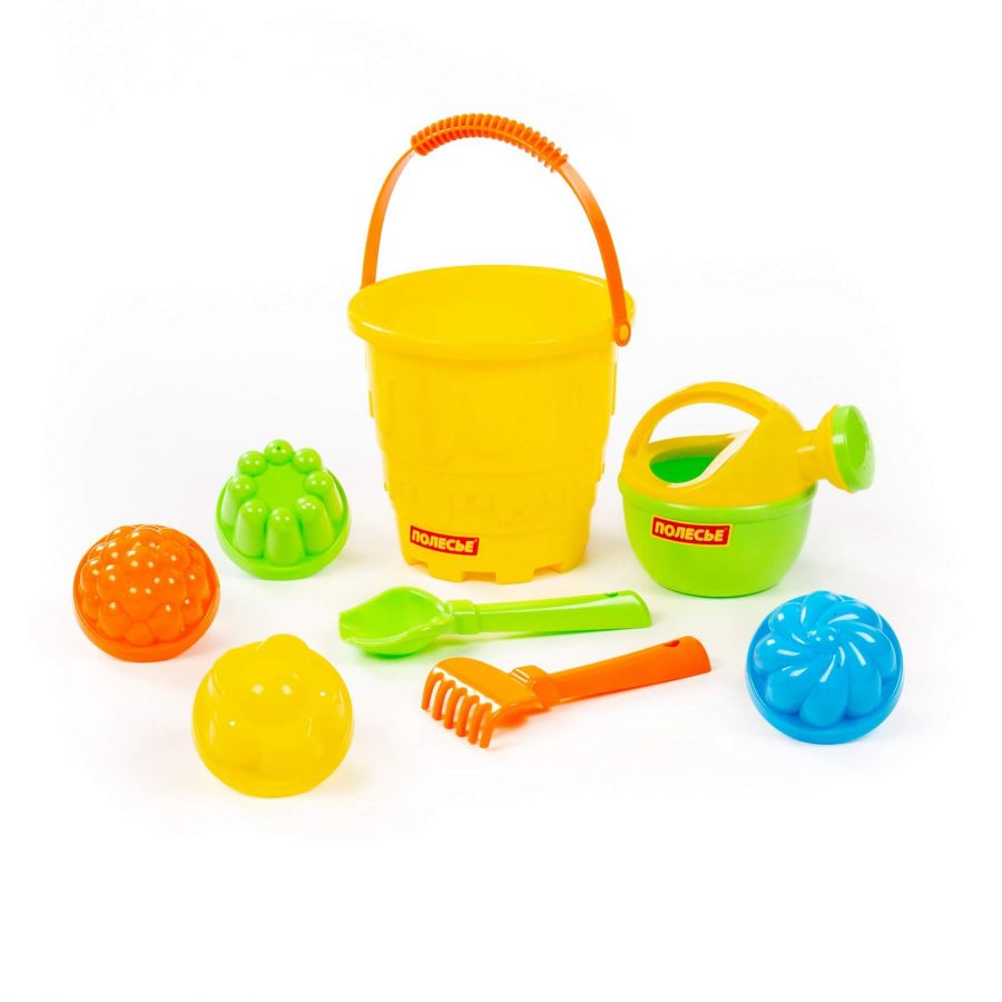 Набор №521: ведро-замок большое, совок №2, грабельки №2, 4 формочки, лейка малая №4